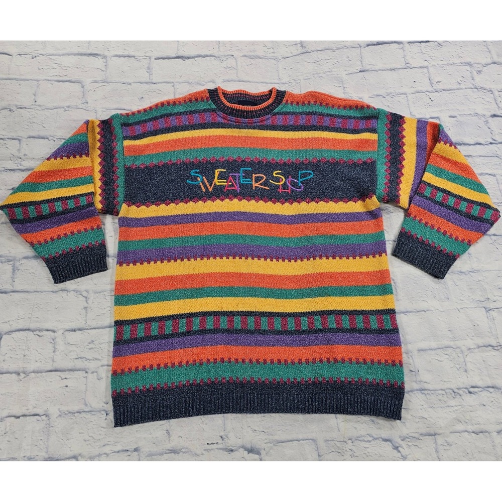 The Sweater Shop Knit Sweater Mens S/M Multicolor 90s Striped VINTAGE UK